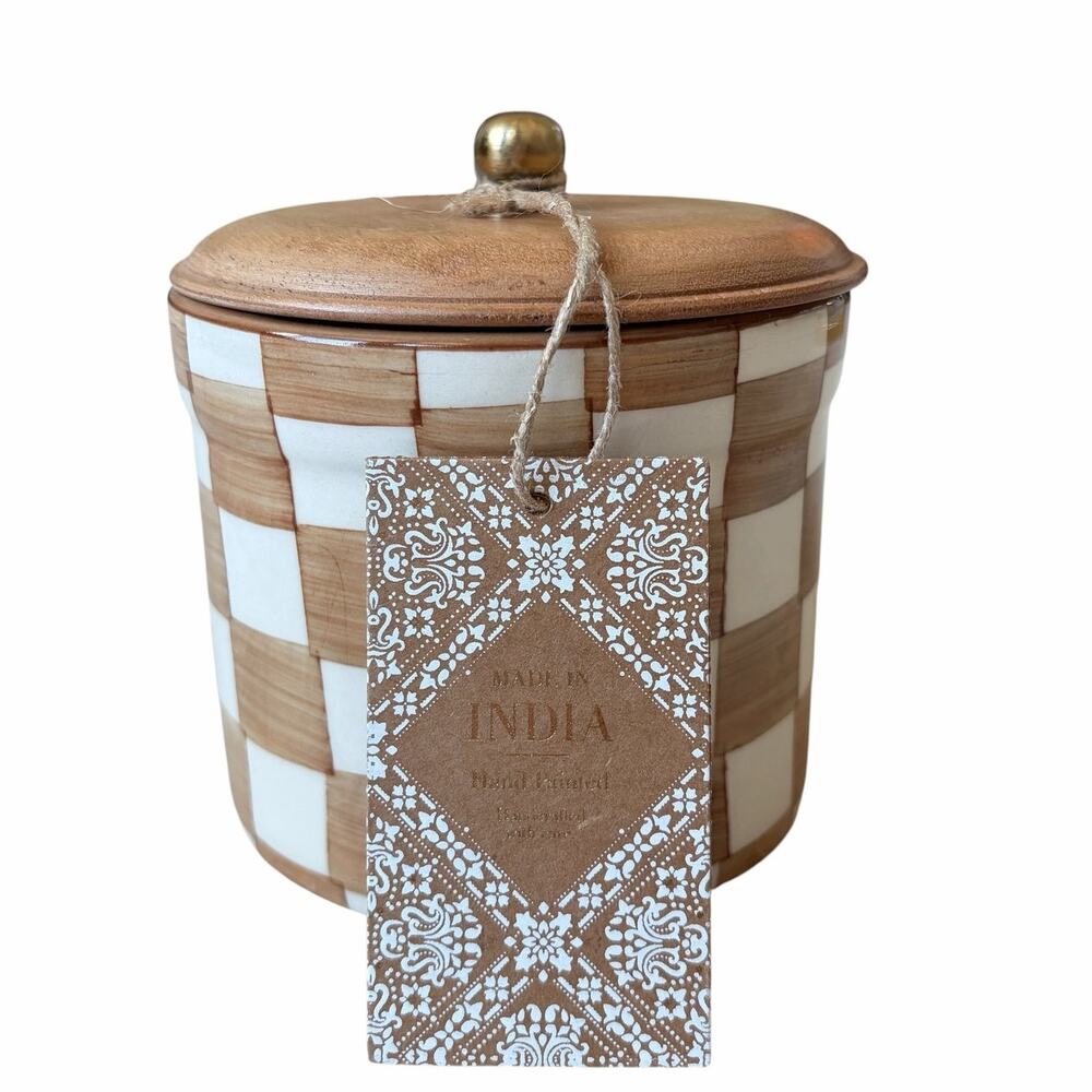 Hand Painted Checkered Ceramic Canister w/ Wood Lid 6" Made in India Mocha White
